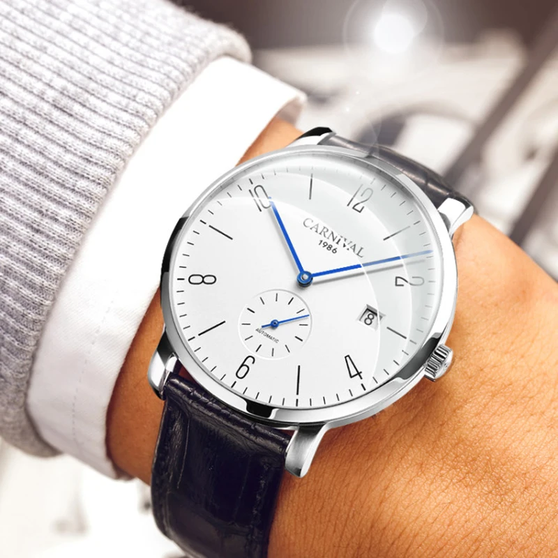 

CARNIVAL Fashion Brand Men Mechanical Watches Genuine Leather Strap Luxury Business Men'S Silver Case Watches Relogio Masculino