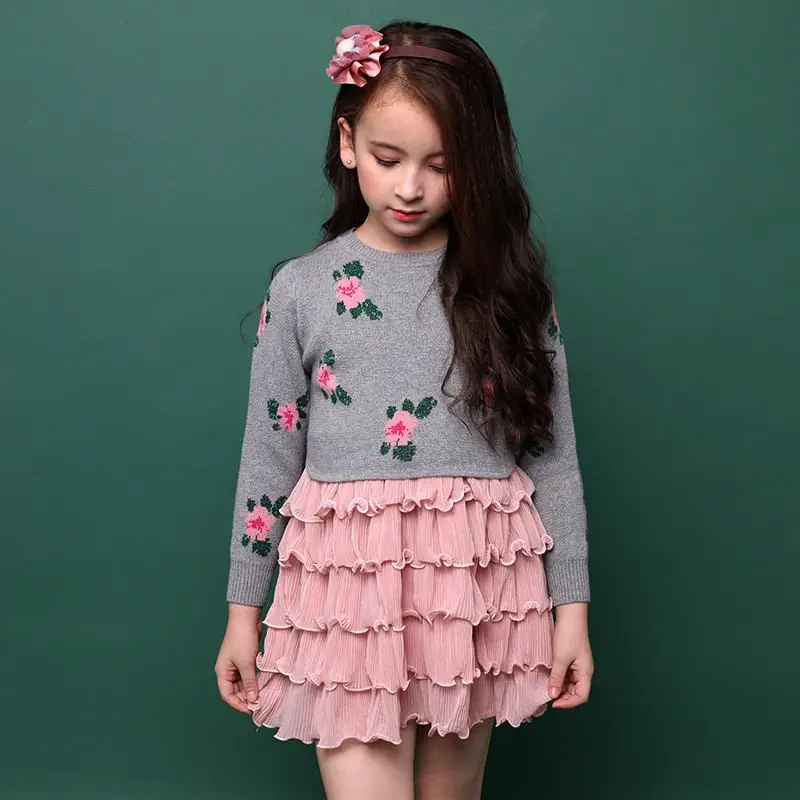 

2018 Autumn Winter Children Girls Princess Dress Pure Cotton Knitted Sweaters Dress Long Sleeve Flower Kids Knitwear Dress Z31