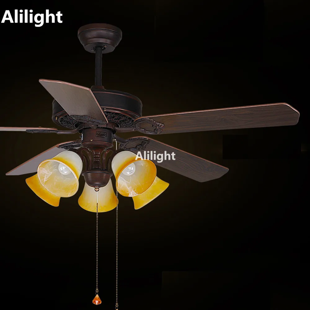 Led E27 Nordic Besi Kaca Kayu Witn Kipas Langit Langit Cahaya Lampu