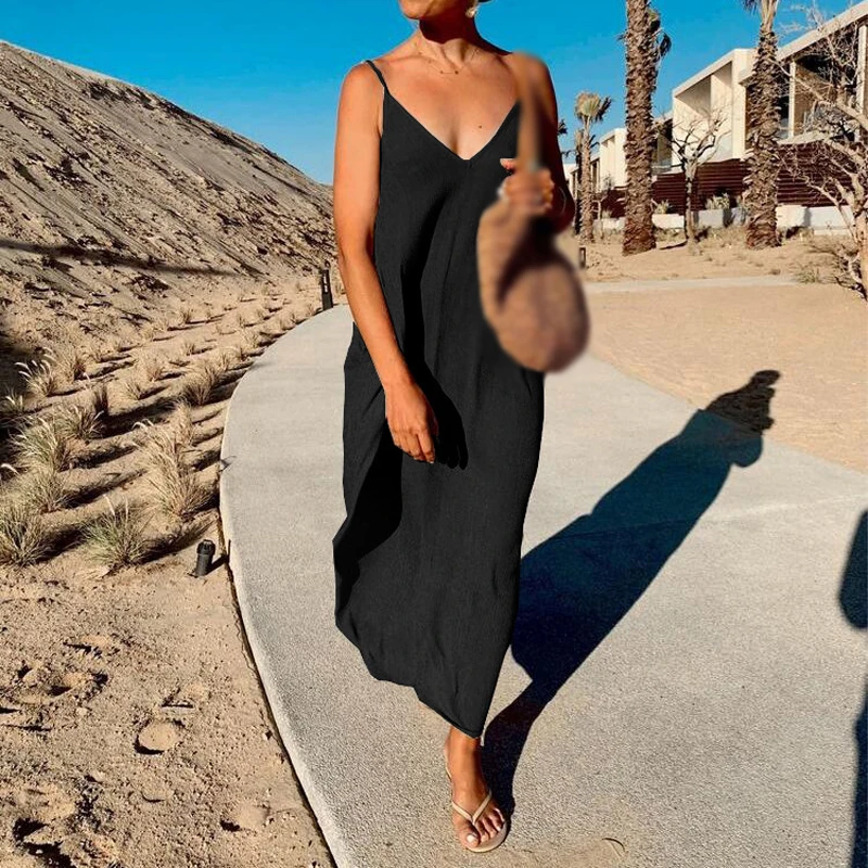 

Women Summer dress basic Fashion Bohemian Sexy V-Neck Dress Spaghetti Straps Beach vacation solid color loose dresses ladies