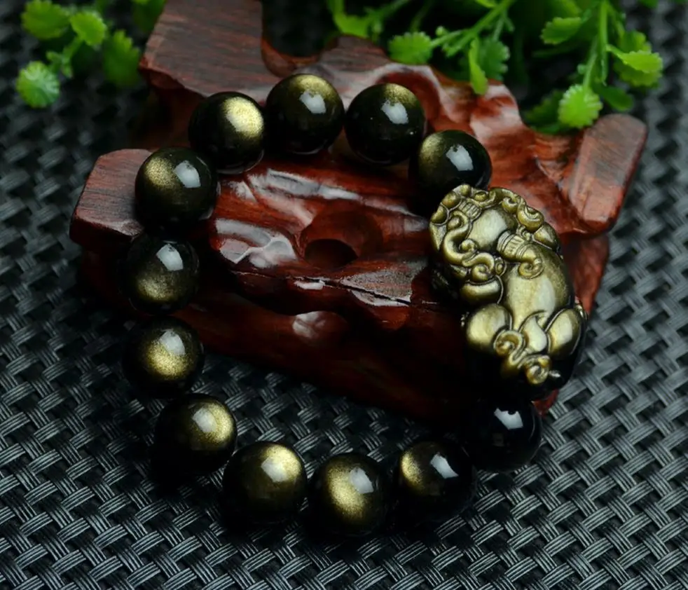 

Top Quality Natural Gold Obsidian Gemstone Flash Pi Xiu Pendant Beads Woman Man Bracelets AAAAA 10mm 12mm 14mm 16mm 18mm 20mm