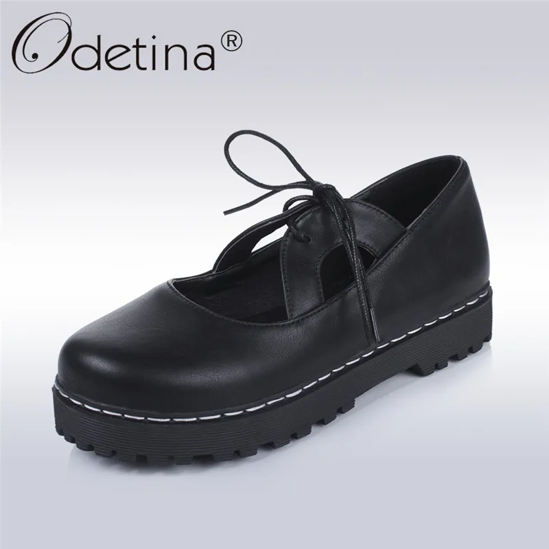 

Odetina 2018 New Fashion Spring Platform Flats For Women Casual Lace Up Leisure Round Toe Sweet Lolita Lady Shoes Big Size 34-43
