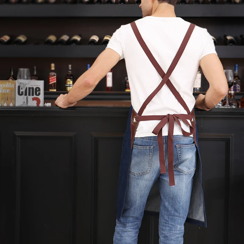 WEEYI Denim Kitchen Cooking Apron w/Adjustable Cotton Strap Large Pockets Blue фартук кухонный Barista Men and Women Homewear