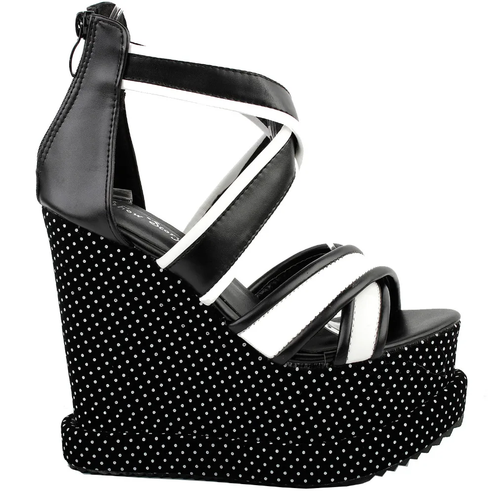 

LF38825 Sexy Retro Black White Crisscross Spot Polka Dots Strappy Wedge Platform Sandal