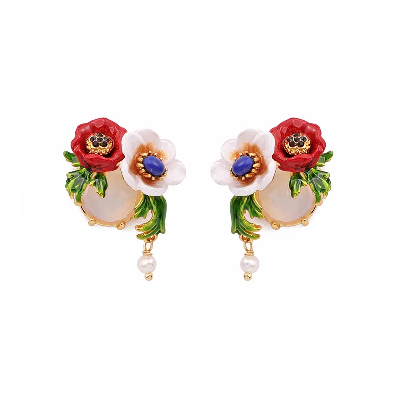 

Juicy Grape 925 Silver Needle Earrings Women Fashion New Hand-painted Enamel Two-color flower Rhinestone Earrings Jewelry