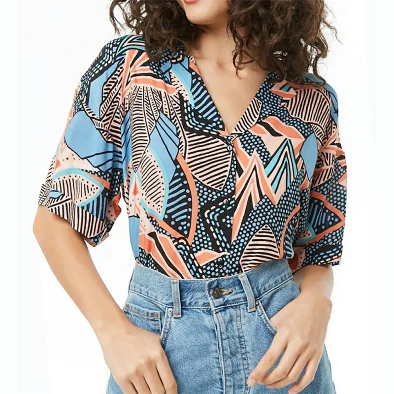 

Women Vintage Harajuku Blouse Leaves Printed Korean Short Sleeve Casual blusas Hawaiian Beach Female V Neck Shirts Wholesale