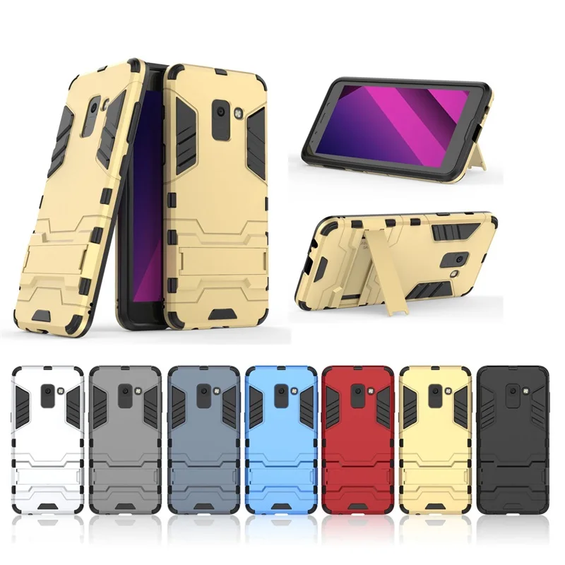 

PC+Silicone Anti Shock Proof Iron Man Kickstand Case Protective Back Cover Shell Coque Funda for Samsung Galaxy A6 A8 Plus 2018