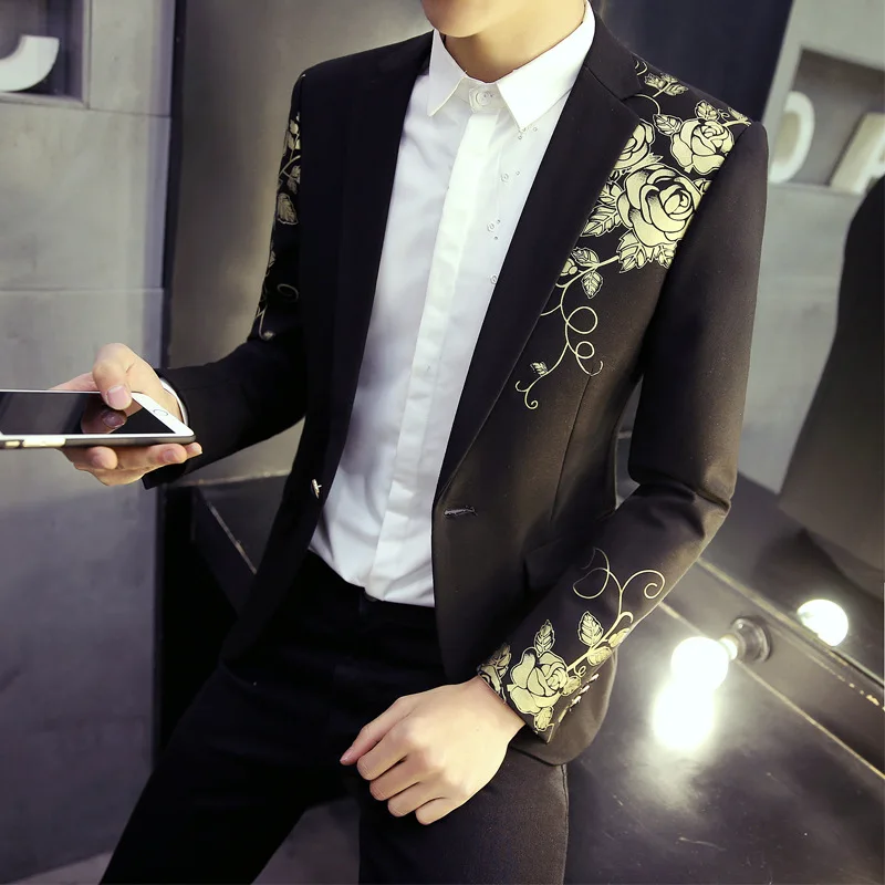 Luxury Black Blazer Flower Gold Print 