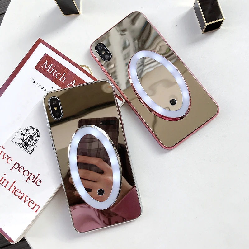 Стекло coque портативное зеркало для макияжа светодиодный Телефон чехол iPhone 6 S 7 8