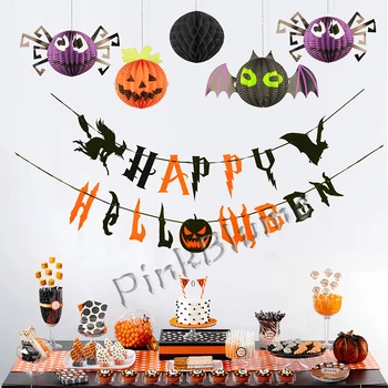 

Set of 13 Happy Halloween Banners Paper Garland Kit Halloween Decoration Prop Pumpkin Spider Bats Lantern Kids Party Supplies