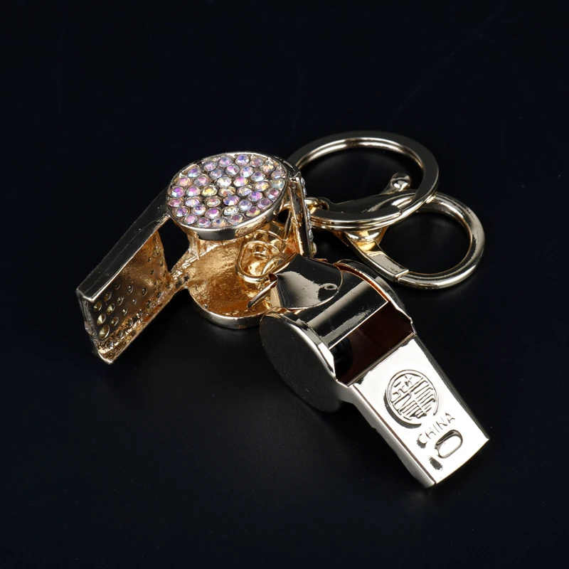 Gold Plated Rhinestone Whistle Pendant Buckle Keyring Keychain Key Chain Ring 