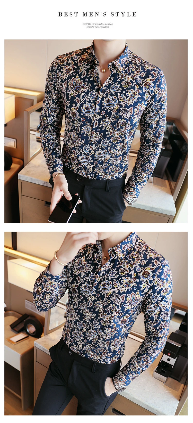 Men's Shirts Retro Floral Printed Man Casual Slim Shirt Fashion Classic Men Dress Shirt Men's Long Sleeve Brand Clothing