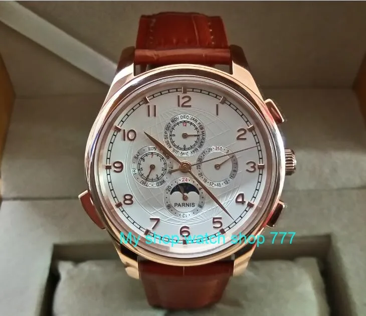 

44mm PARNIS Asian Automatic mechanical movement Men's watch Moon Phase Auto Date Rose gold watch case Mechanical watches p1