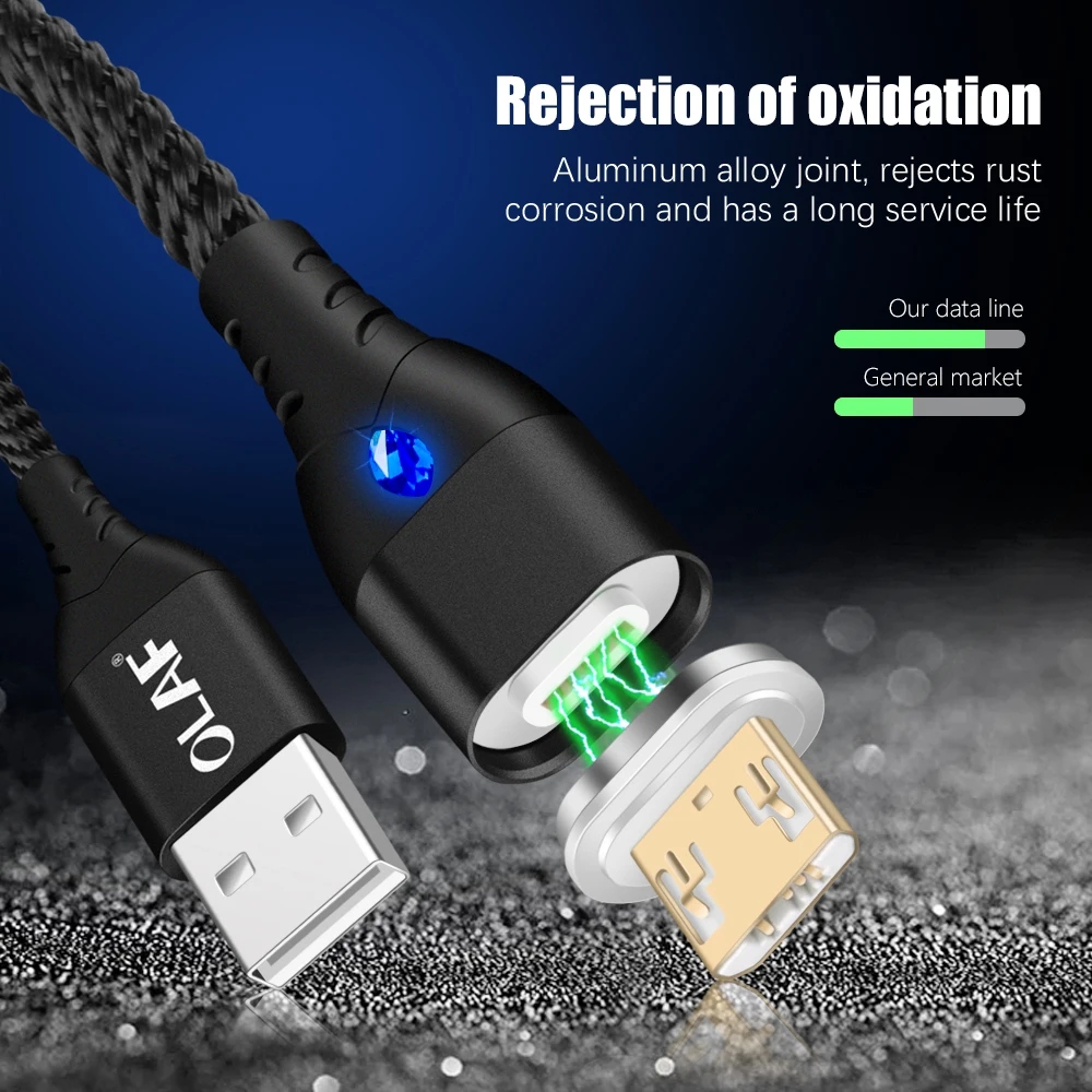 أولاف 1 M 2 M LED 3A USB مغناطيسي صغير كابل الأزرق جوهرة شكل النايلون مضفر كابل الشاحن ل مايكرو USB للهاتف المحمول الكابلات