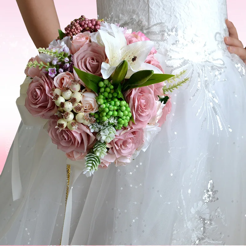 Розовая ленточная роза букет Искусственный Свадебный De Mariage свадебные цветы