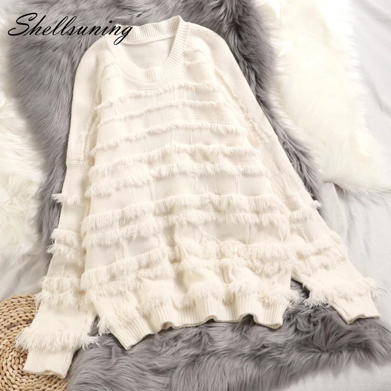 

Shellsuning Tassel Solid Color Sweater Women 2019 Autumn Winter Fashion Knitted Pullover High Quality Oversized Jumper Pull Tops
