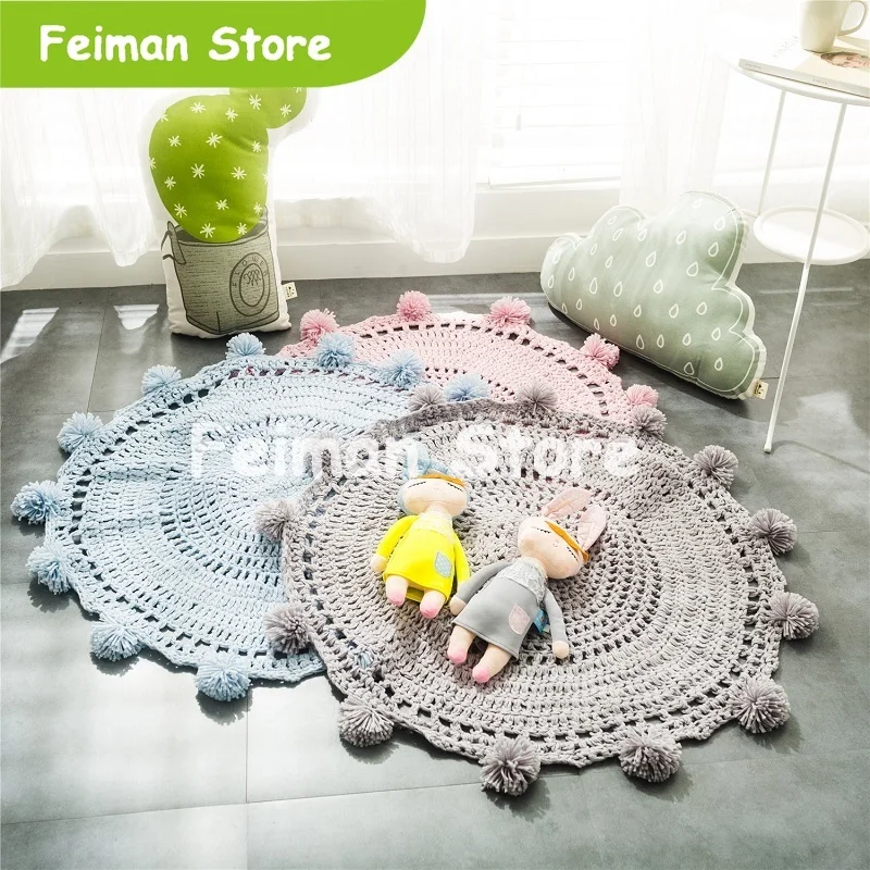 Knitted Hand Children Carpet Knitting Mats Round Rug Wave Window Pad Bedroom Decor Kids Play Bedroom Rug