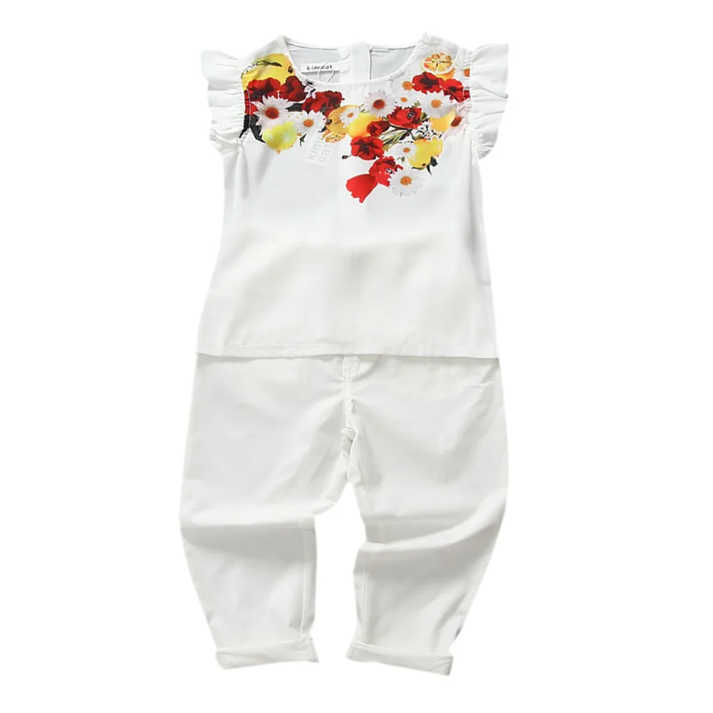 

2Pcs Girls Lemon Flower Print Tops Solid White Pants Sets Summer Sleeveless T-Shirt Tops Pants Outfit Children Set