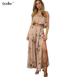 Godier летние пляжные Off Shoulder Ruffle принтом комплект одежды из двух предметов сексуальный топ Разделение длинное платье костюм из двух