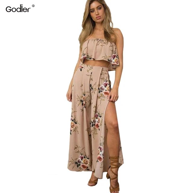 Best Price Godier Summer Beach Off shoulder Ruffle Print Two-piece Dress Suit Sexy Crop Top Split Long Dress Two-piece Suit Robe Vestidos Best Price Godier Summer Beach Off shoulder Ruffle Print Two-piece Dress Suit Sexy Crop Top Split Long Dress Two-piece Suit Robe Vestidos