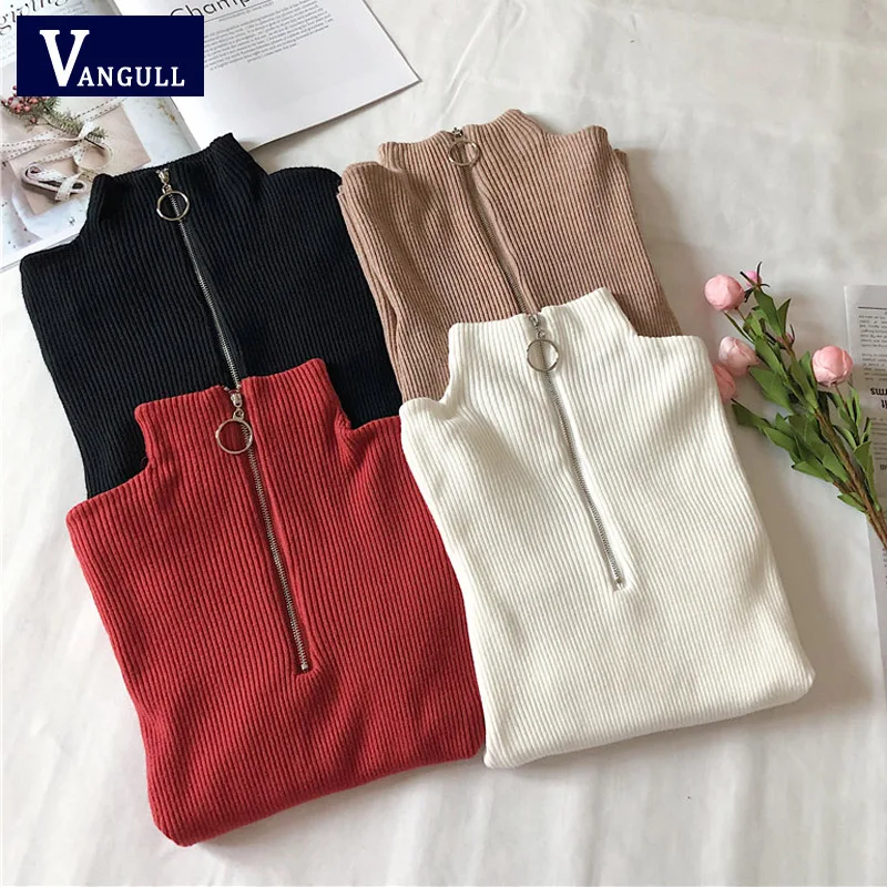 

Vangull Front Zipper Turtleneck Women Sweater and Pullovers Fall 2019 New Spring Autumn Knitted Sweater Women High Elastic Tops