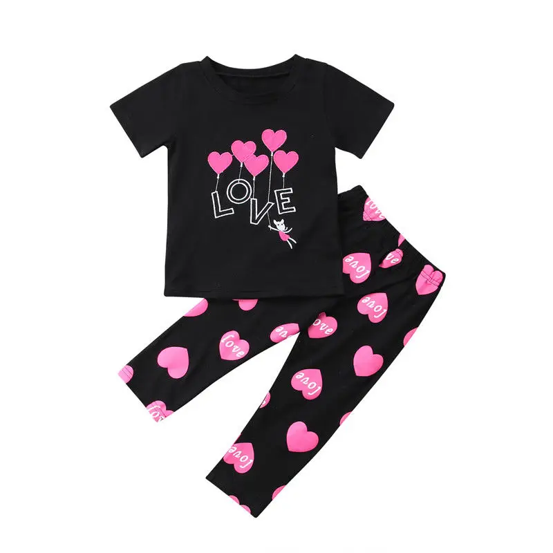 Summer Kids Toddler Girls Pink Love T shirt Tops+Pants 2PCS Outfits