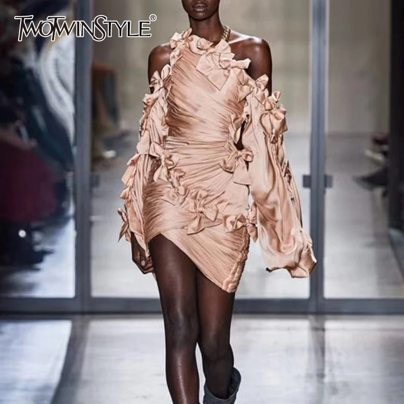 

TWOTWINSTYLE Sexy Bowknot Patchwork Dress For Women O Collar Lantern Sleeve High Waist Ruched Irregular Dresses Female 2019