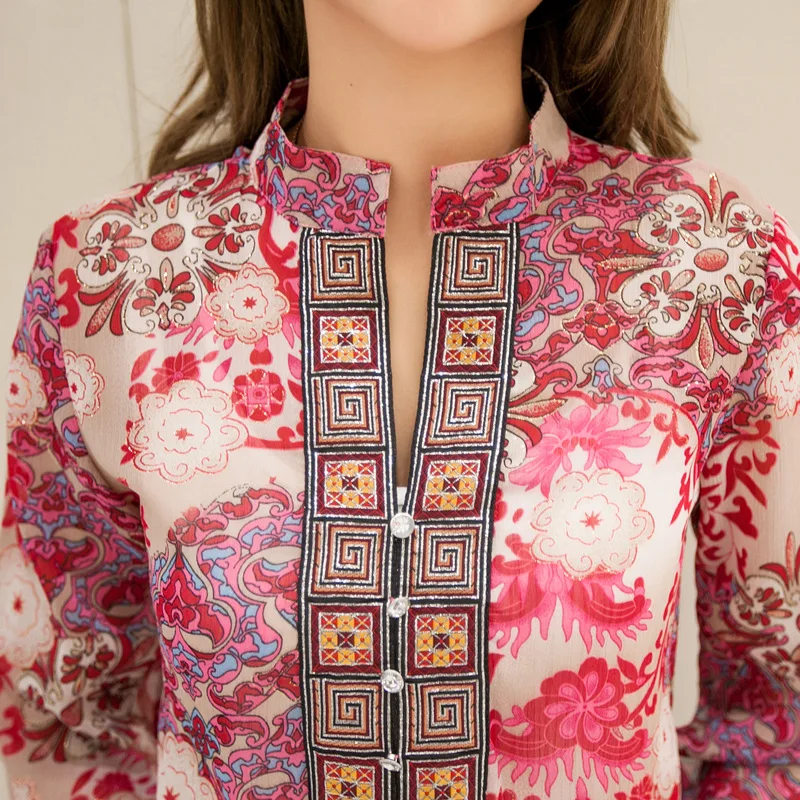 Летние женские блузки в китайском стиле нового размера плюс XXXXL шифоновая блуза топ с цветочным принтом Женская Туника Одежда винтажные женские топы