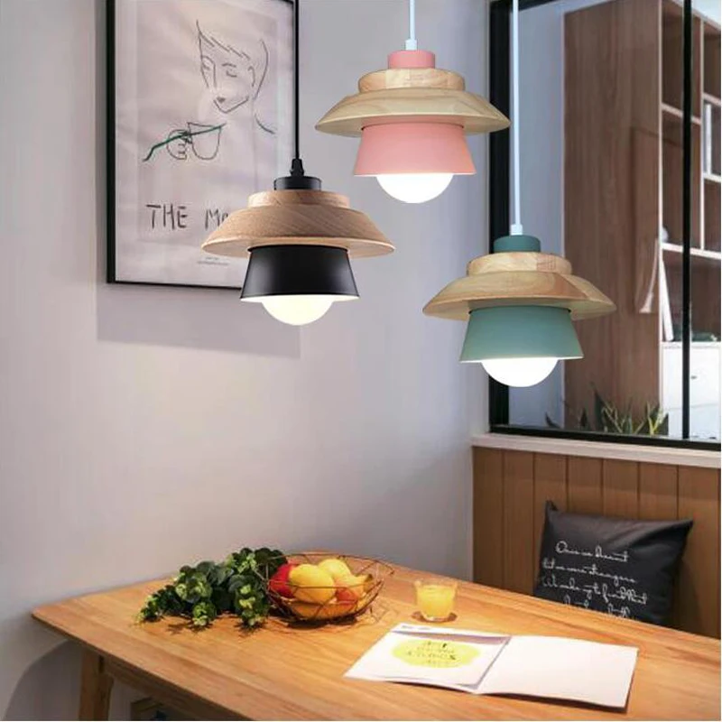 

Modern minimalist led bar creative chandelier coffee shop Nordic meal hanging 3 original solid wood single head bedside lamp