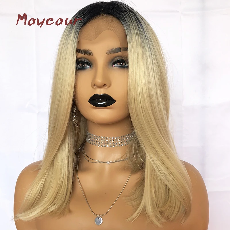 

1b/613 Color Bob Hair Wigs For Women Heat Resistant Ombre Blonde Synthetic Lace Front Wig 180 Density