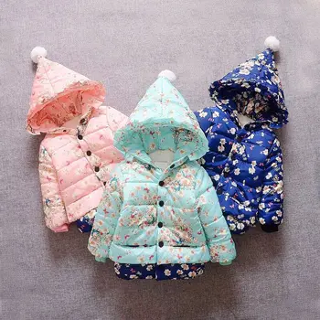 

Baby Girls Coat Jacket Children Outerwear winter Hooded coats Edition plus velvet thick floral winter cotton jacket
