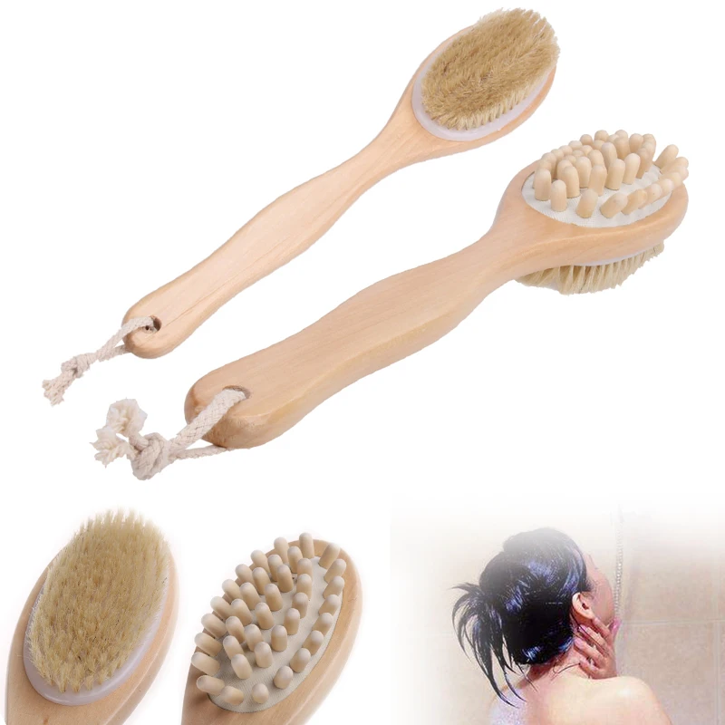 2-in-1 Body Brush Sided Natural Bristles Body Brush Scrubber Long Handle Wooden Spa Shower Brush Bath Massage Brushes