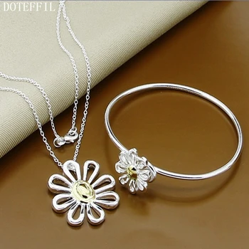 

DOTEFFIL 925 Sterling Silver Gold Flower Necklace Bangle Set For Woman Wedding Engagement Party Fashion Charm Jewelry