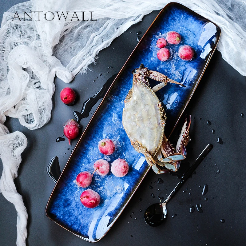 ANTOWALL, европейская глазурованная керамическая тарелка, Deep Blue, 20 дюймов, длинная тарелка, тарелка для морской рыбы, блюдо для отеля, ресторана, специальная посуда