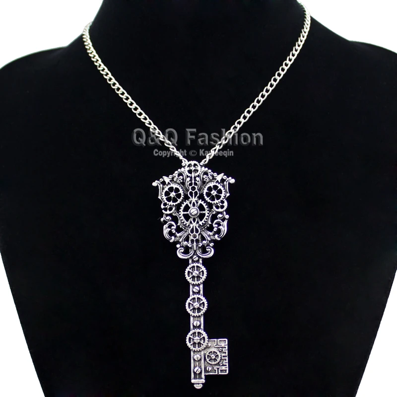 Vintage Silver Plated Victorian Filigree Skeleton Key Watch Clock Gear Cog Steampunk Chain Necklace Jewelry | Украшения и