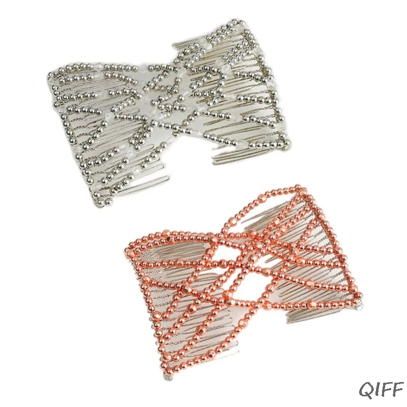 

Ladies Women Magic Elastic Hair Comb Clips Jewelry Beading Imitation Pearl Stretchy Hairpin Bow Double Combs Hair Accessories