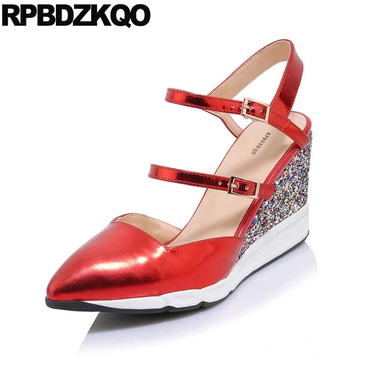 

Gladiator Women Sandals Genuine Leather Pointed Toe Red High Heels Shoes Silver Glitter Pumps Size 33 Wedge Casual Strappy Strap