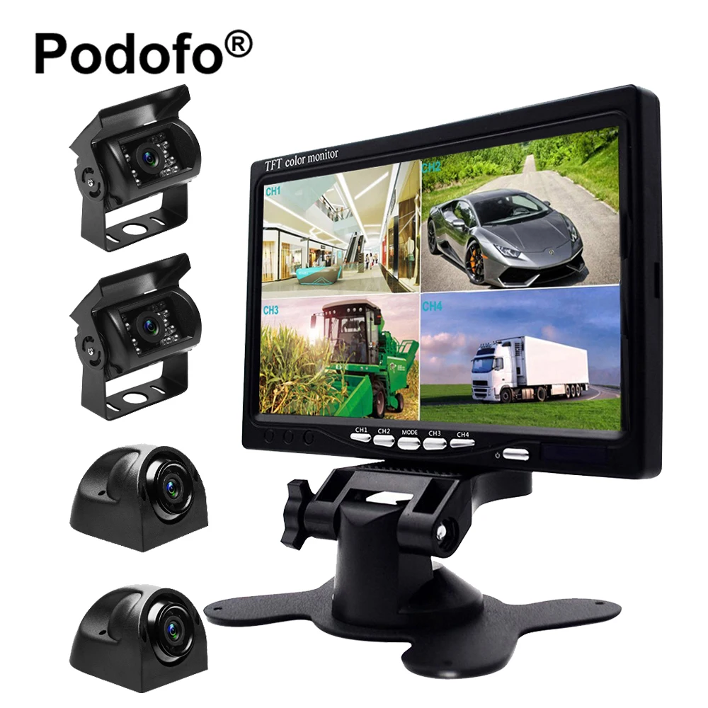 Podofo 7 Inch HD Quad Split Monitor and 4 Backup Camera Kit Waterproof IR Night Vision Front Rear Side View Cameras for Trailer Podofo 7 Inch HD Quad Split Monitor and 4 Backup Camera Kit Waterproof IR Night Vision Front Rear Side View Cameras for Trailer