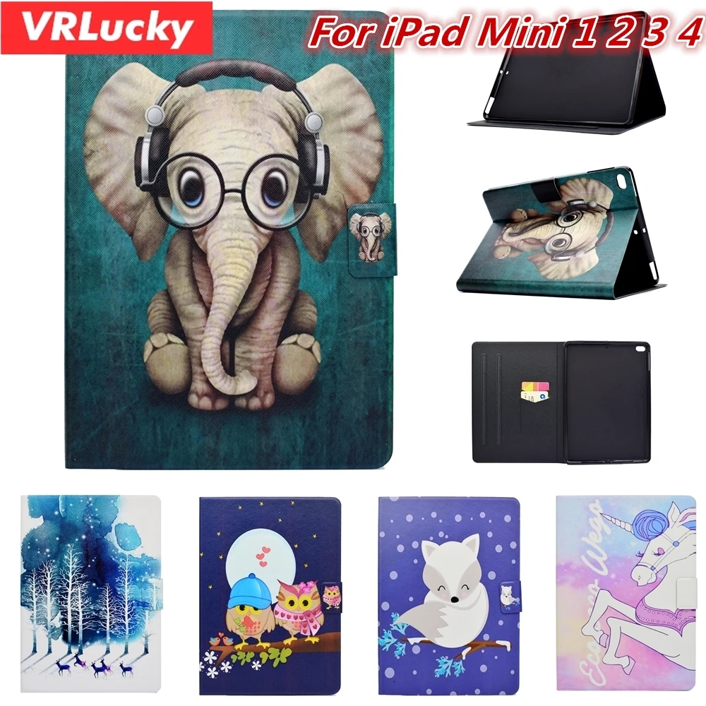 VRLucky For iPad Mini 1 2 3 4 Case Fashion Cute Unicorn Elephant Owl Patterns Flip and Stand PU Leather Cover | Компьютеры и офис
