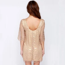 HDY Haoduoyi Golden Wave Sequin Lace Dress Women Backless Bla Sheer Shift Dresses Cut Out Sequin Mesh Straight Dress Vestidos