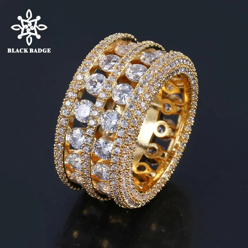 

Men's 7 Row Solitaire Zircon Iced Ring Copper Charm Bling Cubic Gold Silver Color ring Fashion Hip Hop Jewelry For Gift