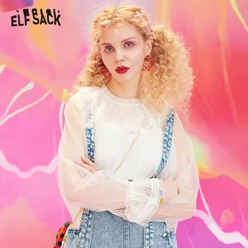 

ELFSACK Sexy Hollow Out Chiffon Lace Women Blouse Sweet White Dot Butterfly Sleeve Female Shirts 2019 New Fashion Woman Tops