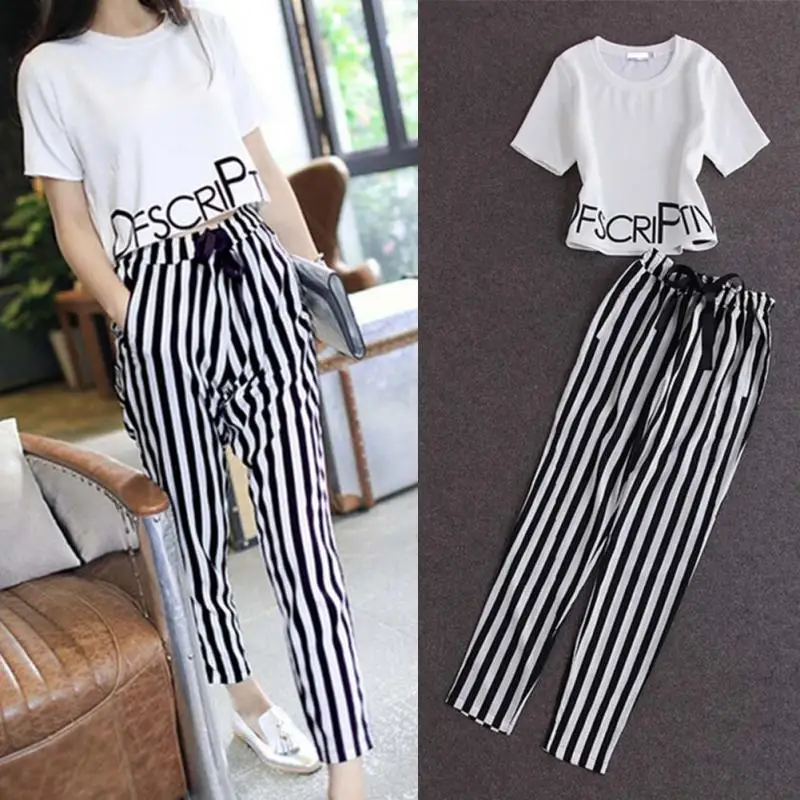 

2 Piece Set Women Short Sleeves Letter Print Short Crop Top& Black White Stripe Drawstring Pants NEW Summer Ladies female suit