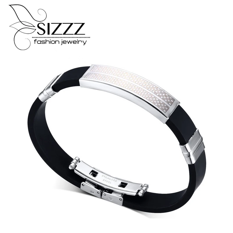 Black Genuine rubber bangle Men Bangle bracelet With Stainless Steel