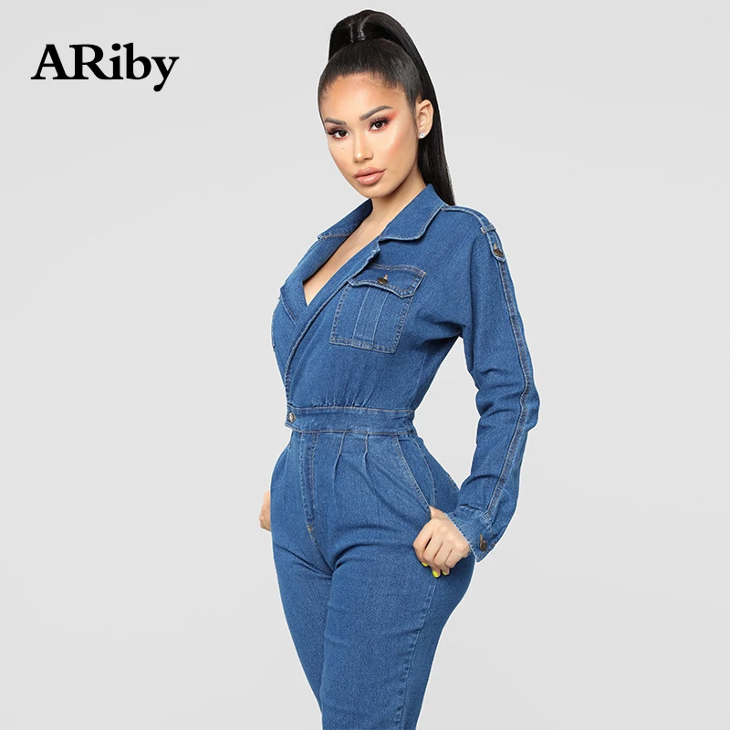 

2019 New Spring Summer Fashion Casual Denim Jumpsuit Solid Deep V Collar Long Sleeve Straightforward Tight Slim Denim Jumpsuit
