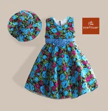 Top Quality Girls Flower Dress With Sunhat Blue Floral Print Summer Kids Dresses Casual For Party robe reine des neiges