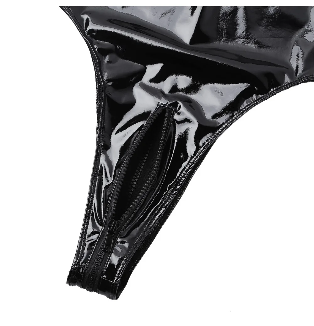 Sexy Women PU Leather Lingerie Bodysuits Erotic Leotard Costume Latex catsuit Halter Neck Mesh Fishnet Bust Zipper Crotch Leotch (3)