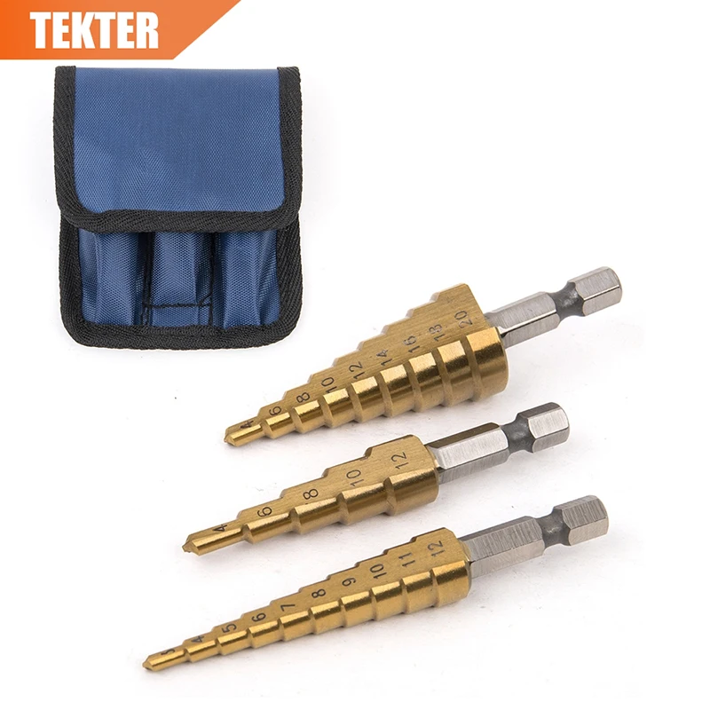 TEKTER 3pc Titanium HSS Step Core Drill Bits with Bag 3 12mm 4 12mm 4
