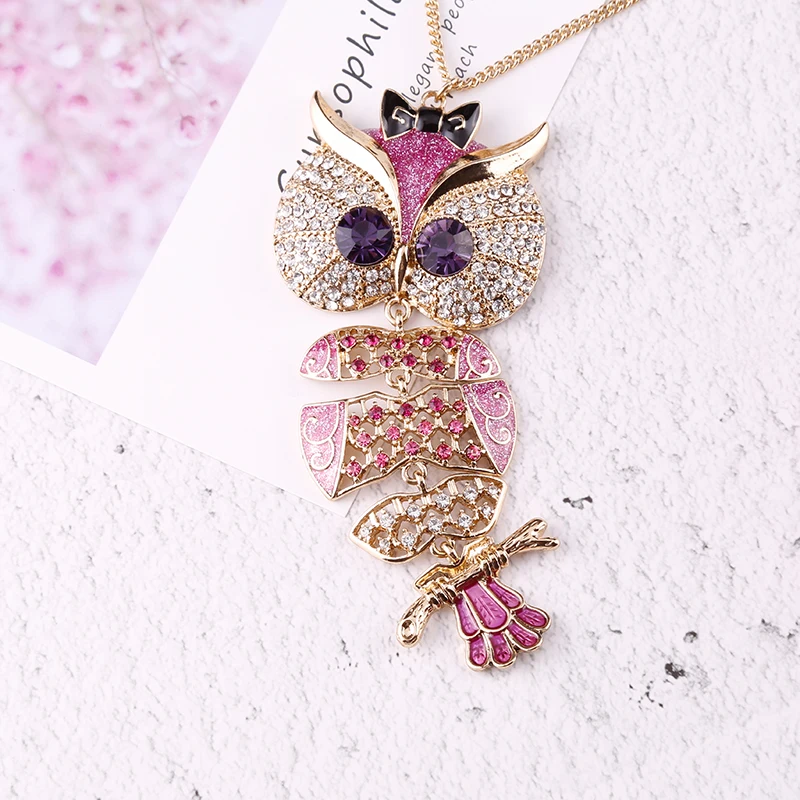 

Vanssey Vintage Fashion Owl Animal Rhinestone Violet Enameled Long Necklace Accessories for Women for 2018 New