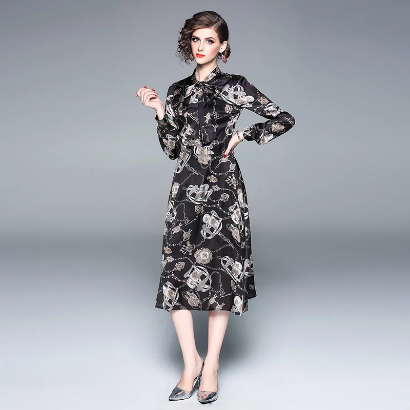 

Milan Catwalk New High Quality Runway Designer 2019 Autumn Fashion Women'S Party Office Girls Flower Print Long Sleeved Dress